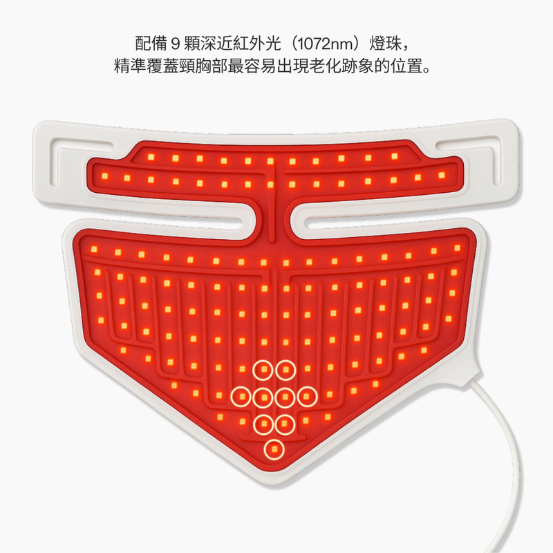 LED layout of CurrentBody Neck & Décolletage Mask Series 2 showing illuminated LEDs and red light therapy coverage for the chest area chinese