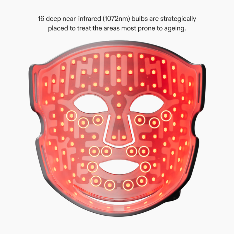 LED Red Light Therapy Face Mask interior view showing illuminated red LEDs english